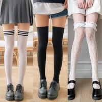 2pair black white striped socks women christmas gifts sexy thigh high nylon long stockings cute over knee socks for ladies girls