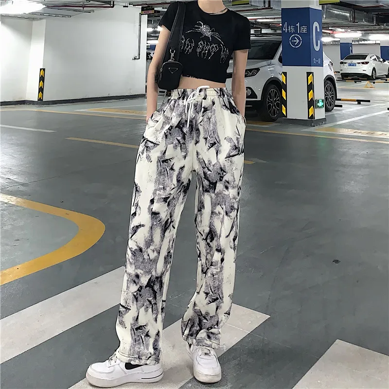 

Spring Vintage Tie Dye Embroidery Straight Long Pants Loose Casual Wide Leg SweatPants Women Streetwear Hip Hop Women Pants