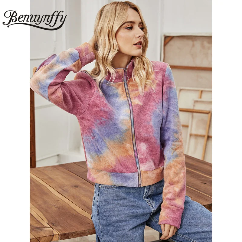 

Benuynffy Autumn Winter Stand Collar Tie Dye Zipper Sweatshirt Women Long Sleeve with Pocket Korean Fashion Casual Ladies Coats
