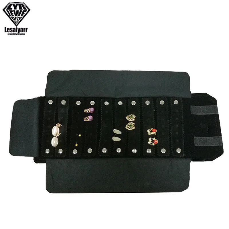 

Wholesale Jewelry Roll Bag Portable Carring Case Black Velvet Organizer Multi Functional Necklace Rings Earrings Storage Box