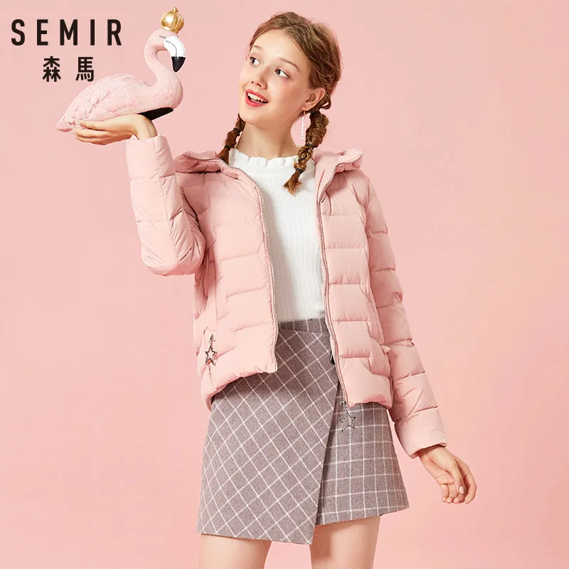 SEMIR женский стеганый легкий короткий пуховик с капюшоном с наклонным карманом, Женская пуховая куртка на подкладке