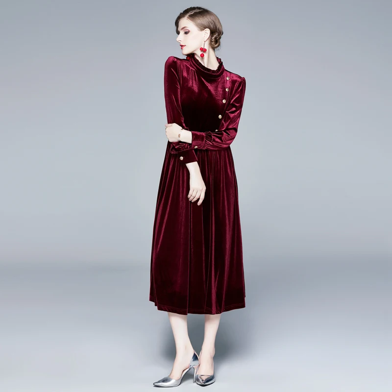 Винтажное бархатное платье миди DROWYD золотого цвета с воротником стойкой зима 2019