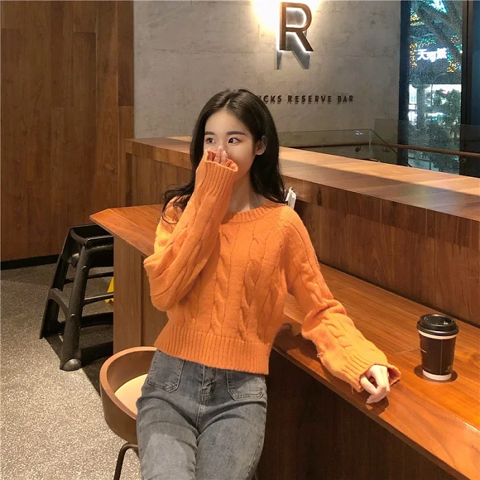 Orange Autumn Winter New Women's Short Pullovers Sweater Twist Knitting Full Sleeve Solid Fashion Vintage Casual Tops T98506D - Цвет: Orange