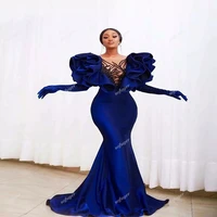 sexy royal blue beads ruffles evening dresses prom formal party robe de soiree celebrity engagement vestidos fiesta no gloves