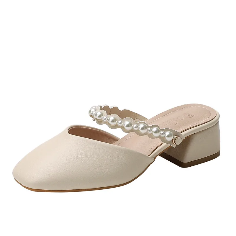 

Square Toe Mules Women Rivet Pearl Chunky Heels Slippers Shallow Slide Casual Heel Shoes Slip on Pump Size 34-40 Sandals Apricot