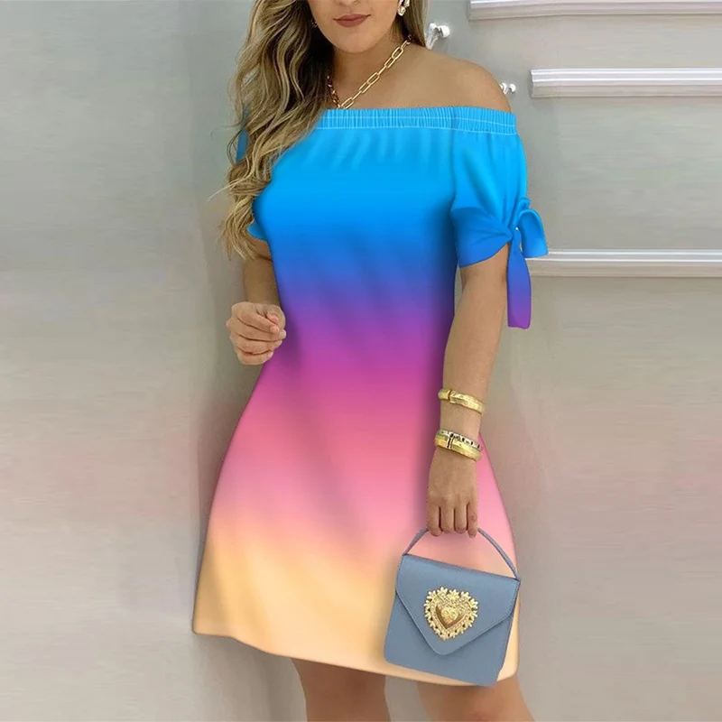 

Женское платье с принтом, на шнуровке, с открытыми плечами и коротким рукавом, ТРАПЕЦИЕВИДНОЕ мини-платье, женские сексуальные модные повсе...