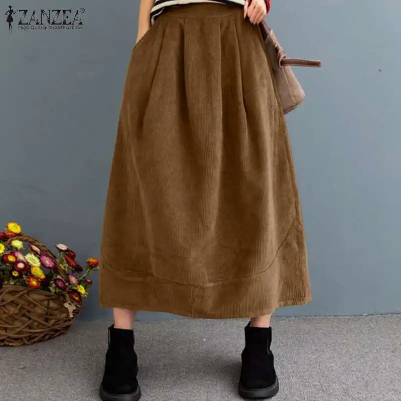 

2022 Kaftan Corduroy Skirts Elastic Waist Maxi Vestido Women Autumn Sundress ZANZEA Female Solid Robe Femme Faldas Saia Oversize