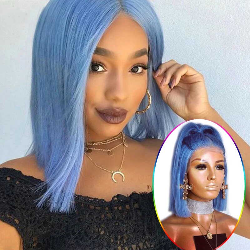 Anogol короткий прямой синий Боб Синтетический кружевной передний парик для афро