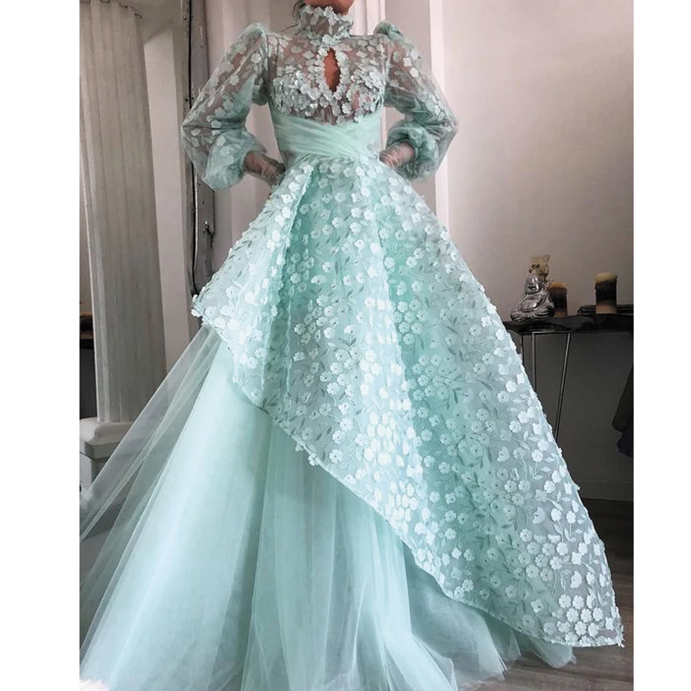 

SuperKimJo Vestido De Festa Turquoise Blue Prom Dresses Long High Neck 3D Flowers Elegant Tiered Prom Gown Robe De Soiree