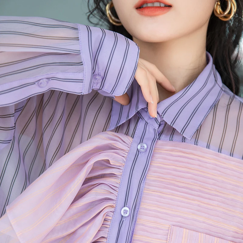 Женская длинная рубашка в полоску Корейская Асимметричная Свободная блузка