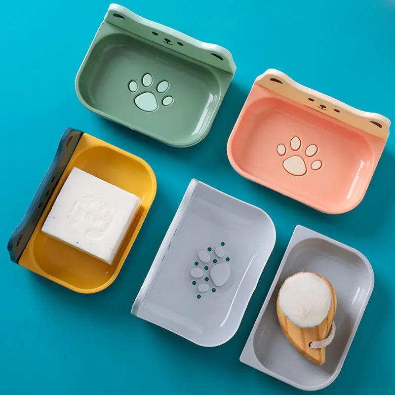 

Soap Dish Punch-Free Bathroom Plastic Light Luxury Double Grid Household Toilet Soap Holder Creative Drain Wall-Mounted Holder