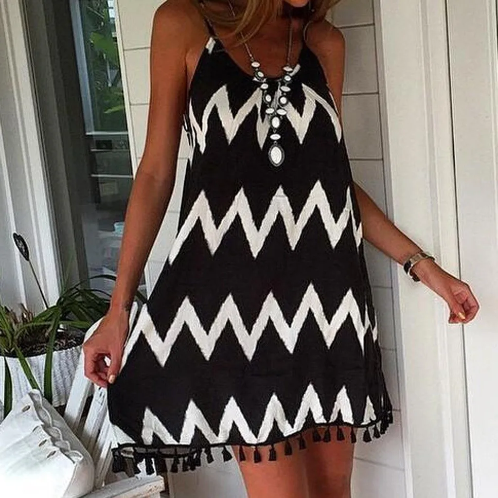 

Women Sexy Wavy Stripe Loose Dress Backless Stripe Party Club Beach Dress Plus Size With Tassel Summer Holiday Sundress #YY