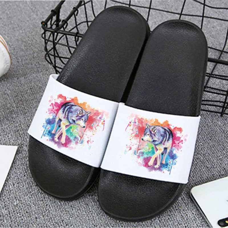 

2021 Funny wolf Cartoon Summer Slippers Harajuku Beach Fashion Open Toe Slippers Printed Women Non-slip Shoes