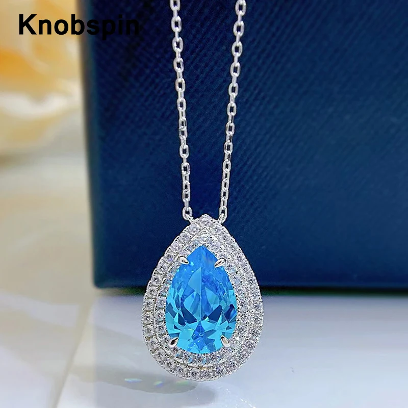 

Knobspin Luxury S925 Sterling Silver Aquamarine Water Drop High Carbon Diamond Elegant Pendant Necklace For Women Fine Jewelry