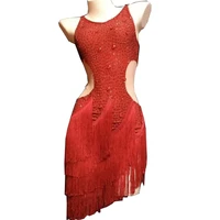 red latin dancing tassel dresses sparkling rhinestones show waist mesh gauze party evening costume nightclub outfit women