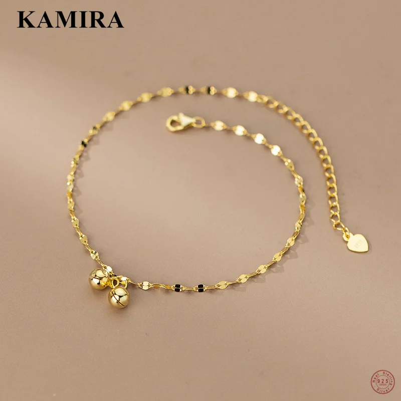 KAMIRA Real 925 Sterling Silver Punk Elagant Disc Double Bell Anklet for Women Wedding Classic Romantic Couples Fine Jewelry New