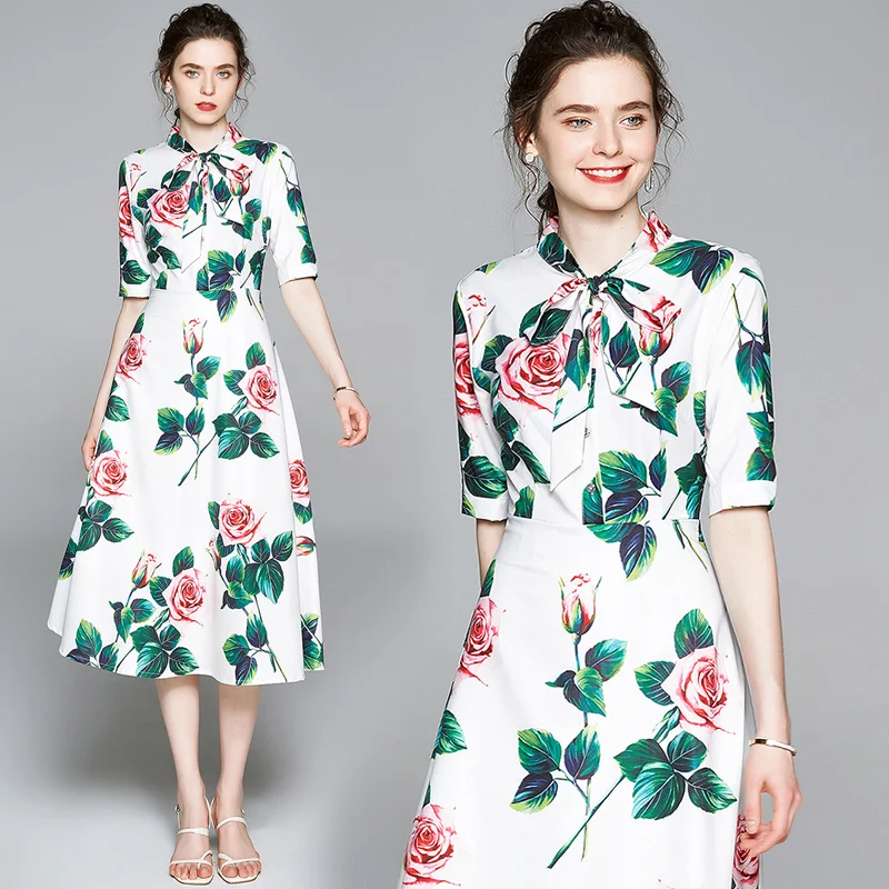 Customize  3XS-10XL Long Dress for Woman Lady's Casual Bow Decoration Rose Flower Print A Line Dresses