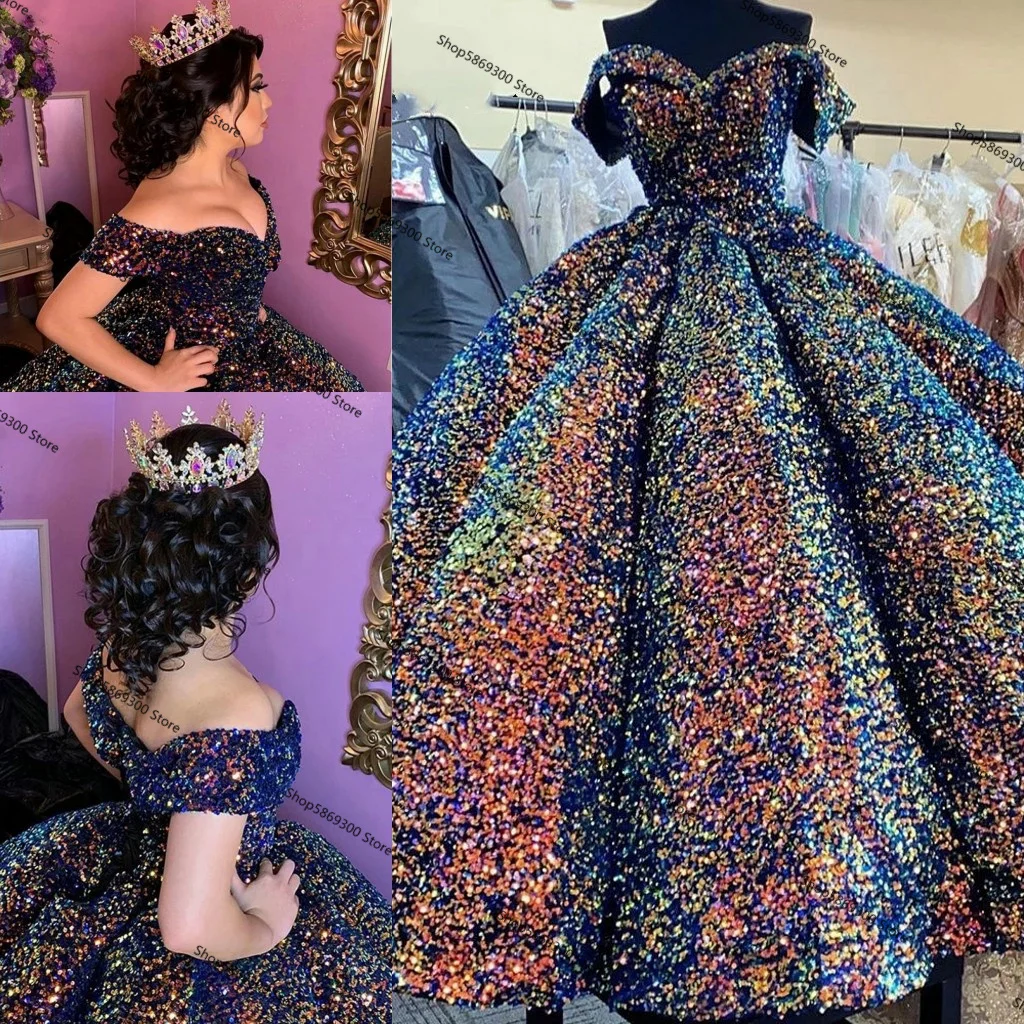 

Puffy Skirt Princess Quinceanera Dresses Off Shoulder Beaded Sequins Lace-up Corser Vestidos formales Sweety 15 Prom Dress