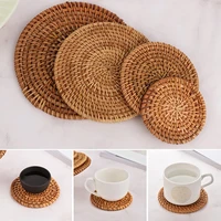 1pc round natural rattan coasters bowl pad handmade insulation placemats table padding cup mats kitchen decoration accessories