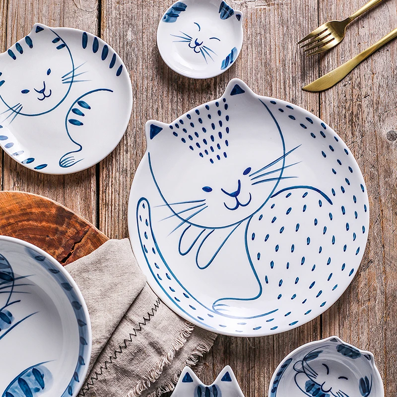 

Creative Hand-Painted Cat Pattern Ceramic Tableware Dinner Plate Cartoon Cute Tableware Plate Flavored Dish Household Plates