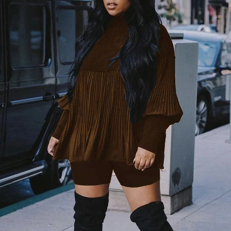 

Vintage Women Casual Two piece set Lantern Sleeve Pleated loose Tops and short set Streetwear