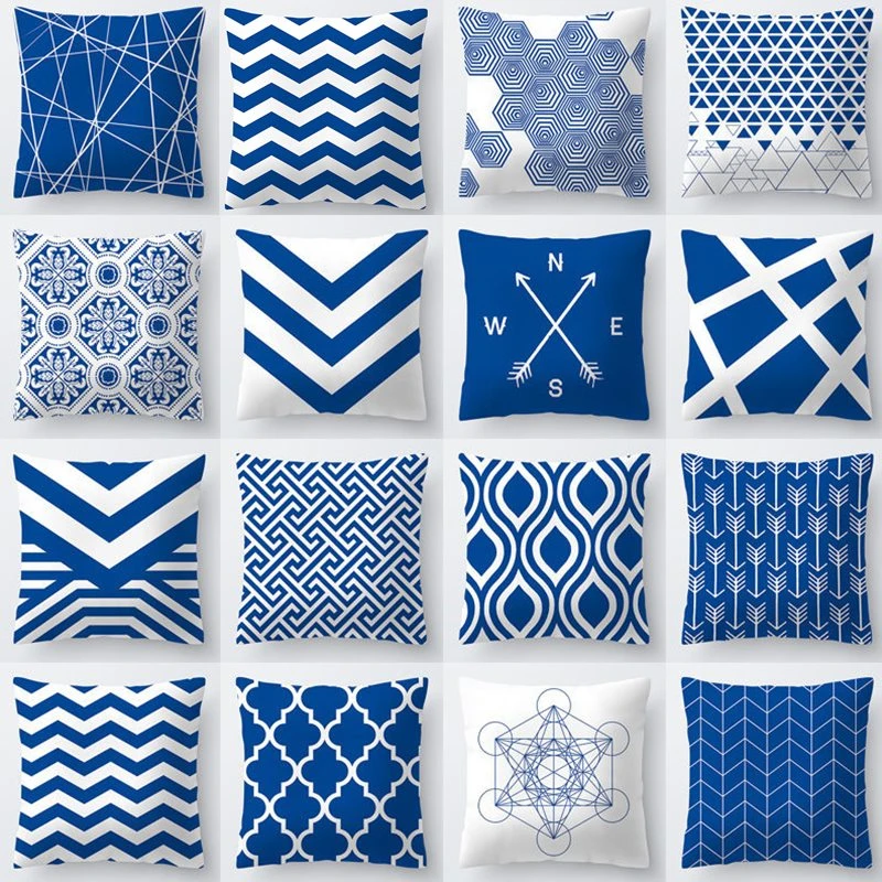 Чехол для подушки 45*45 наволочка с геометрическим рисунком синие полиэфирные