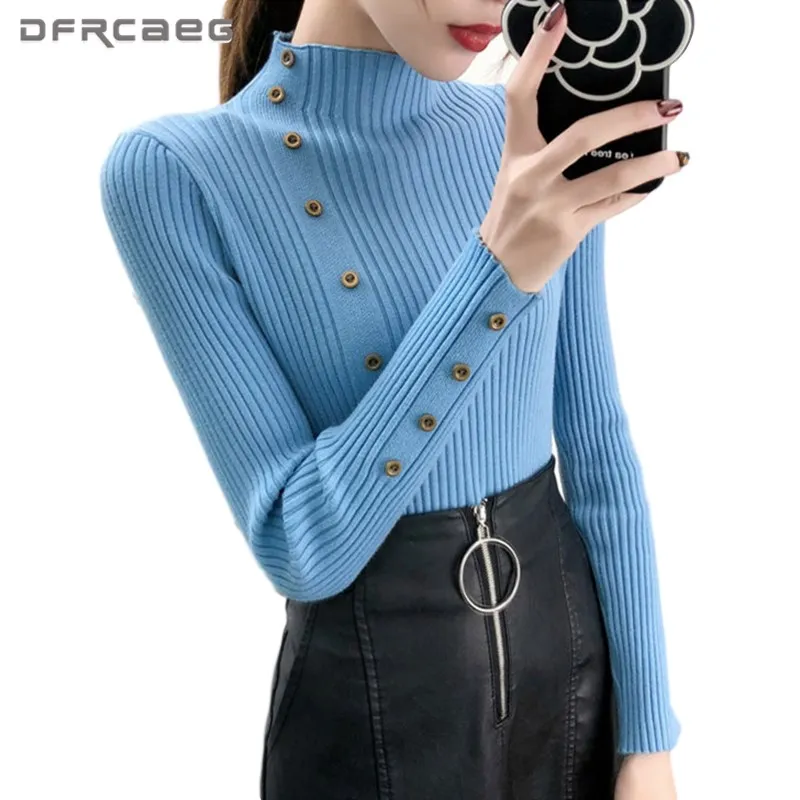 

Elastic Solid Knitwear Turtleneck Sweaters For Women 2020 Casual Long Sleeve Button Slim Pullovers Knitted Tops Woman