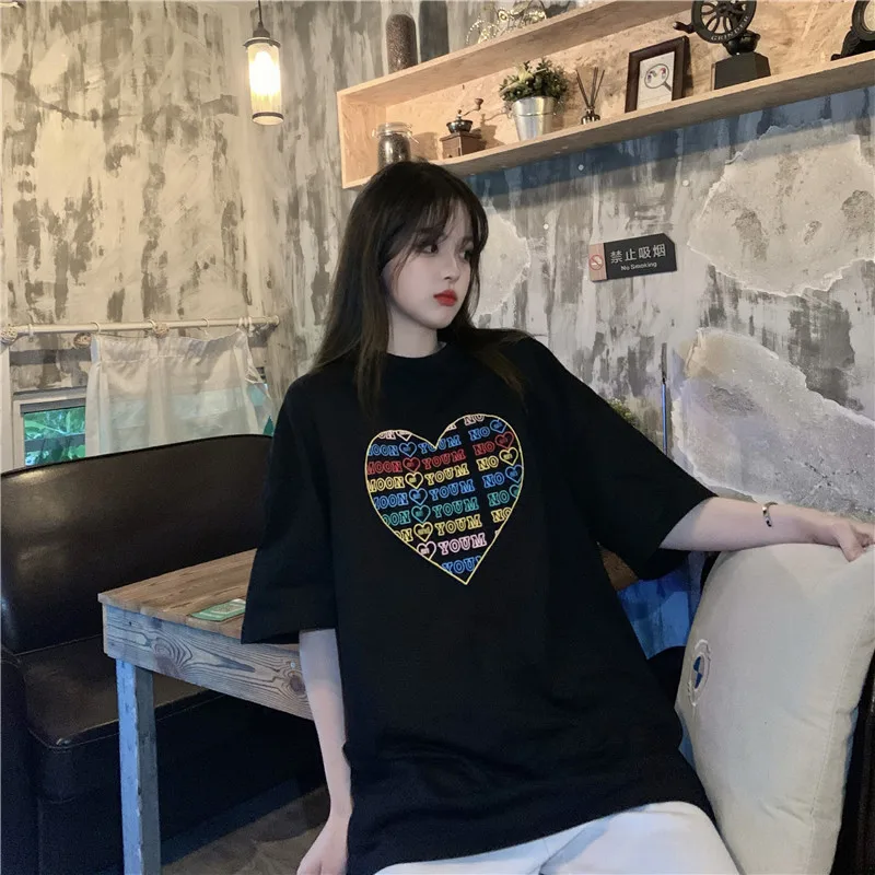

YTX271 2021 new loose lazy style casual black love short-sleeved T-shirt women