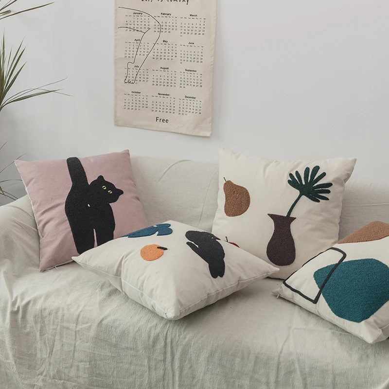 45x45 см Милая Черная кошка фрукты шерстяная вышитая наволочка диван мультяшное