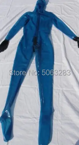 Прозрачный синий латексный костюм кошки с черной перчаткой на молнии скрытый