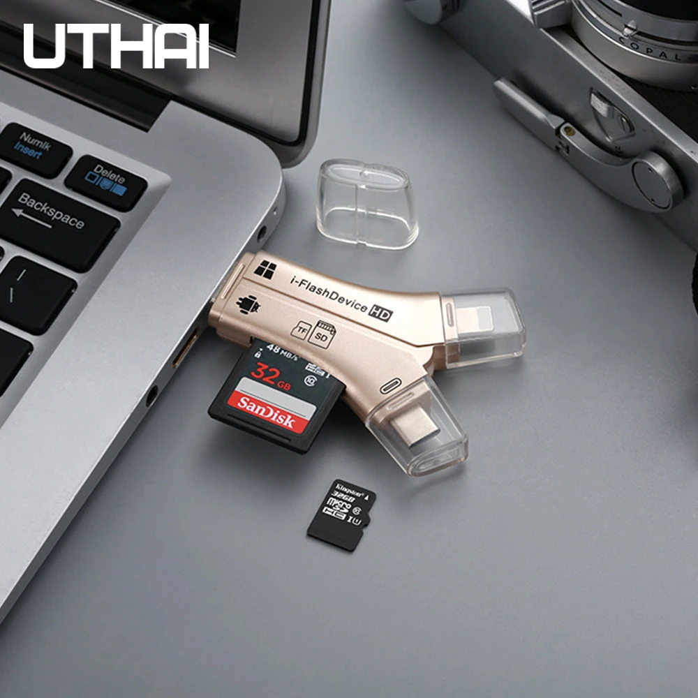 Флэш накопитель UTHAI C11 Lightning 4 в 1 устройство для чтения карт SD TF USB C на MicroUSB Type Iphone 7 8