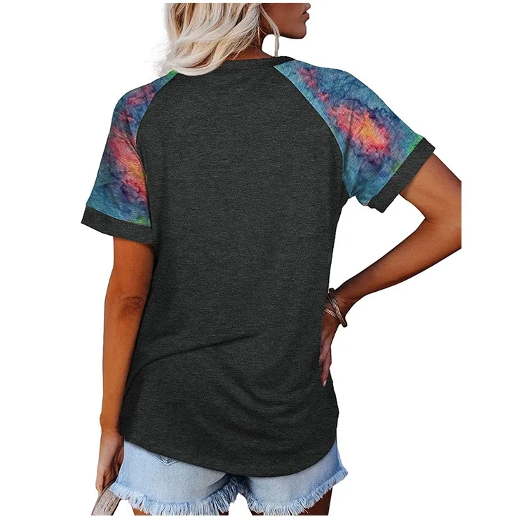 

WEPBEL Tie-Dye Print T-shirt Women's Casual Stitching Loose T-shirt Summer Short Sleeve O-Neck Solid Color Pullover T-shirt