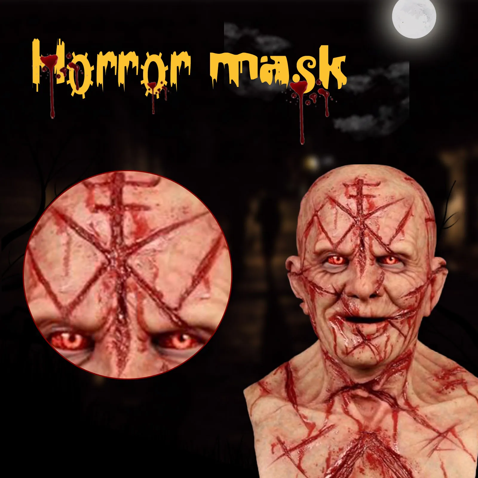 

Bald Blood Scar Mask Scary Horror Bloody Headgear 3D Realistic Human Face Headgear Cosplay Prop Costume Surprise Prank Joke Mask