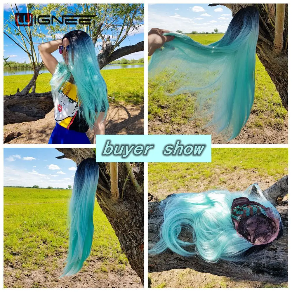 Wignee длинные прямые волосы синтетический парик Средняя часть Омбре зеленый