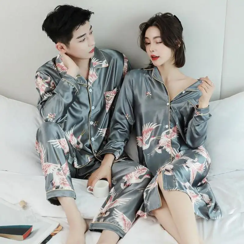 Male Pajamas Set Casual Lounge Wear Satin Sleepwear 2021 New Lovers' Nightwear Home Clothes Print Intimate Lingerie Pyjamas