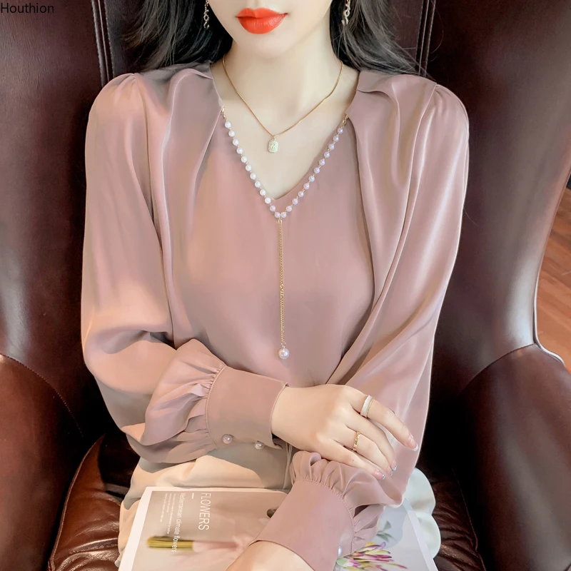 

Summer Autumn Women's Blouses V-neck Shirt Long Sleeve Top Stitching Solid Color Chiffon Casual Fashion Loose Houthion