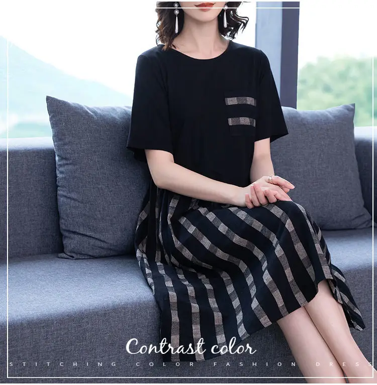 

2021 New Women Summer Office Lady A-line Cotton Casual Dress Elegant Striped Plus Size O-Neck Dresses Female Long Vestidos Q150