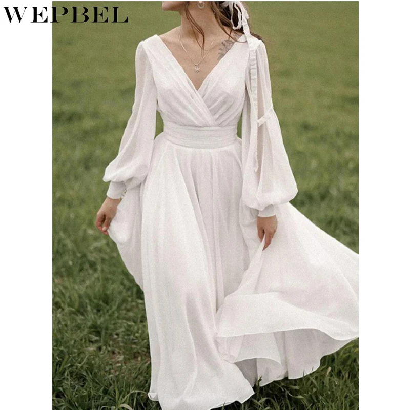 

Женское Элегантное Длинное Платье WEPBEL, женское сексуальное платье с длинным рукавом-фонариком, V-образным вырезом, корсет с открытой спиной,...