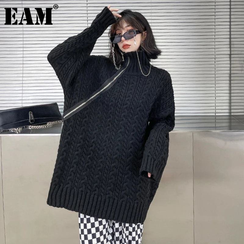 

[EAM] Zipper Big Size Knitting Sweater Loose Fit Turtleneck Long Sleeve Women Pullovers New Fashion Autumn Winter 2022 1DE4679