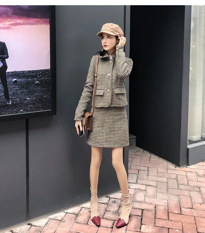 2019 корейский стиль Осень зима комплект из 2 предметов Женская куртка и юбка