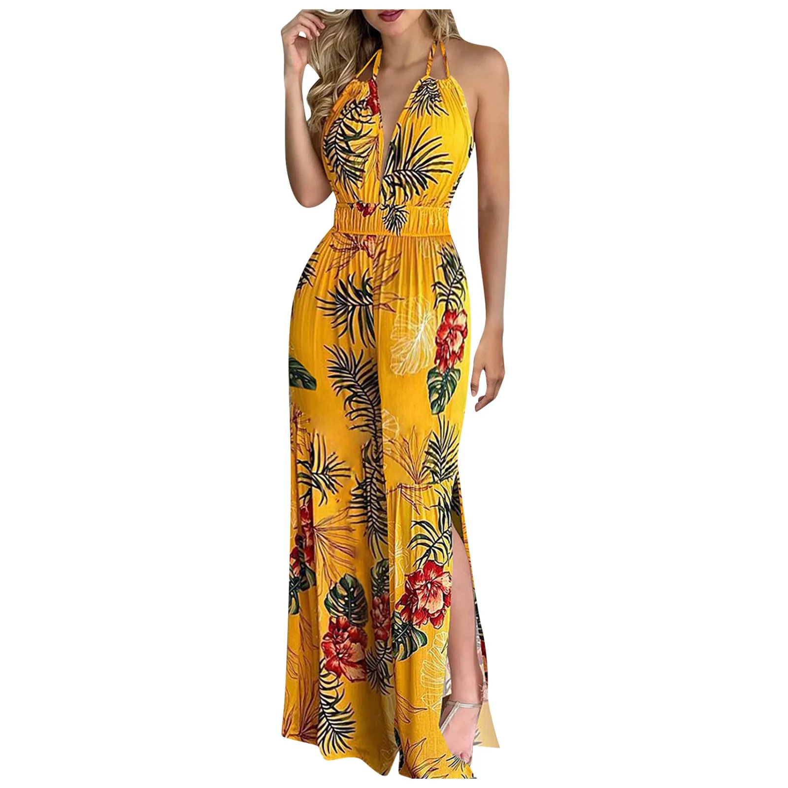 

Fashion Halter Backless Women Fashion Halter Backless Slit Leg Floral Print Jumpsuit Loose Harajuku Bodysuitropa Mujer