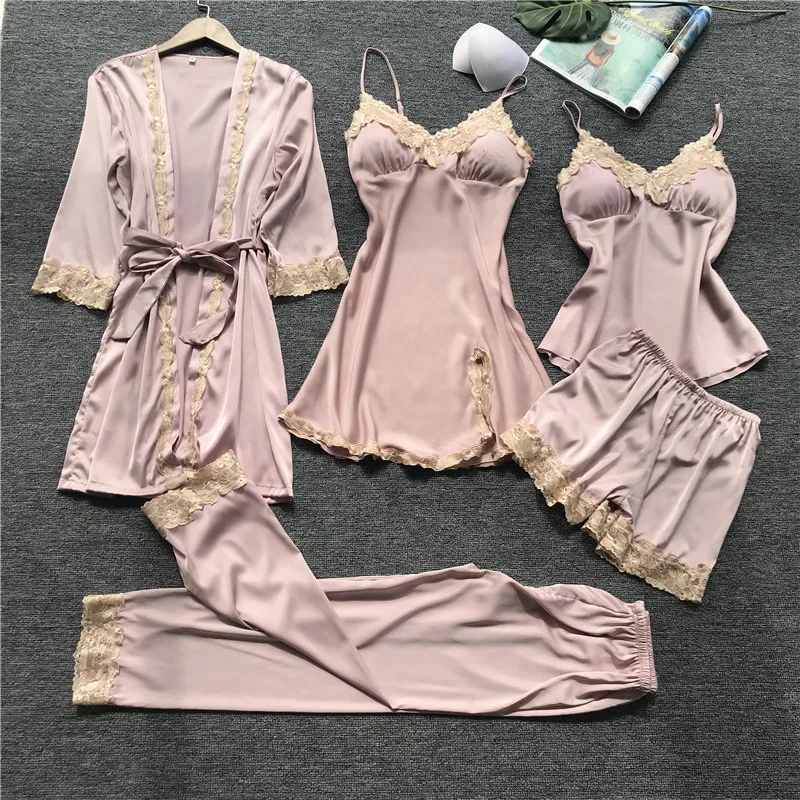 

5 pieces sets silk pajamas autumn winter pyjamas women satin lace dressing gowns for women pijama mujer Nightwear