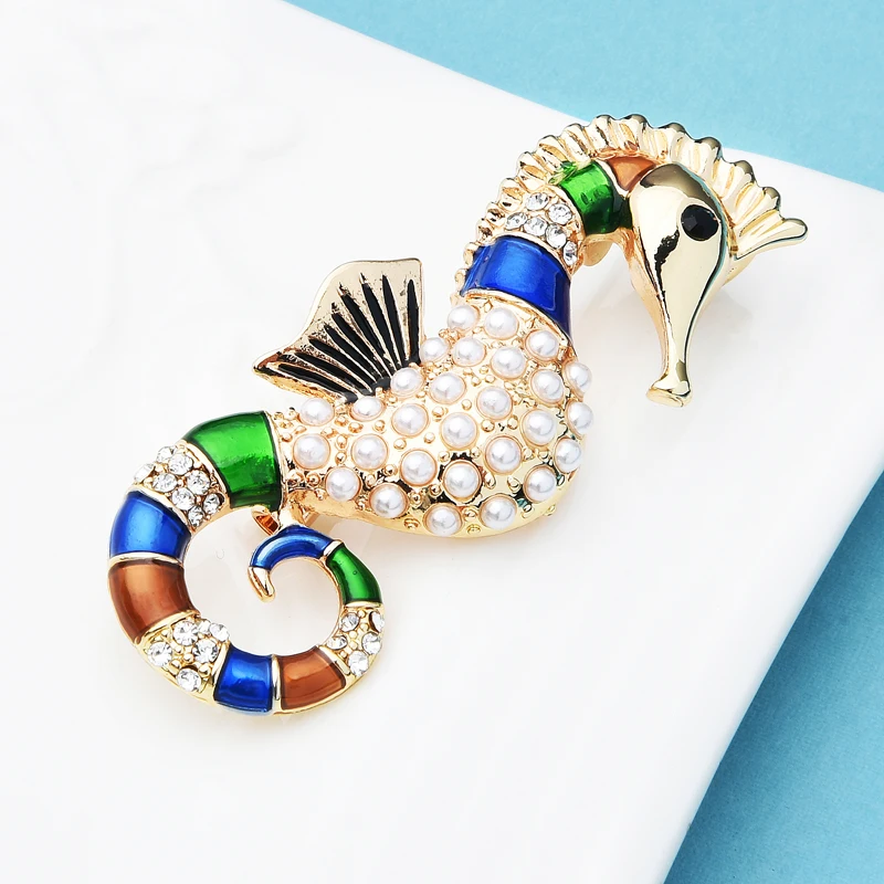 

Wuli&baby Pearl Enamel Seahorse Brooches For Women Men Classic Animal Office Party Brooch Pins Gifts