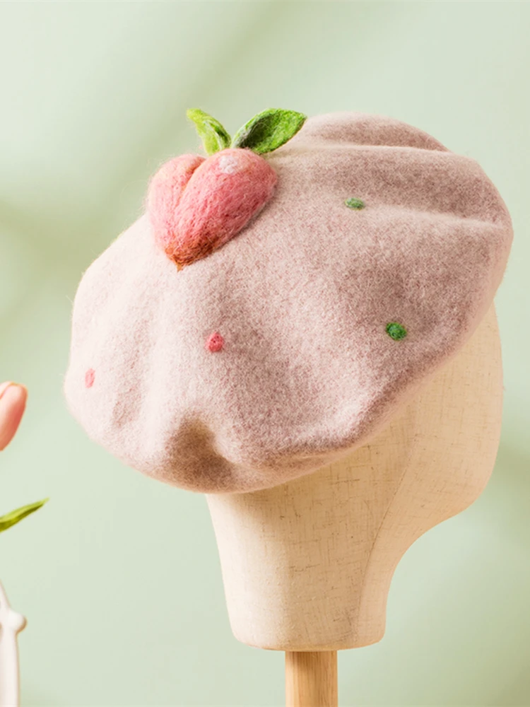 

Bonnet sweet apricot pink beret manual wool felt cap wool peach painter Joker parent-child cap of the girls