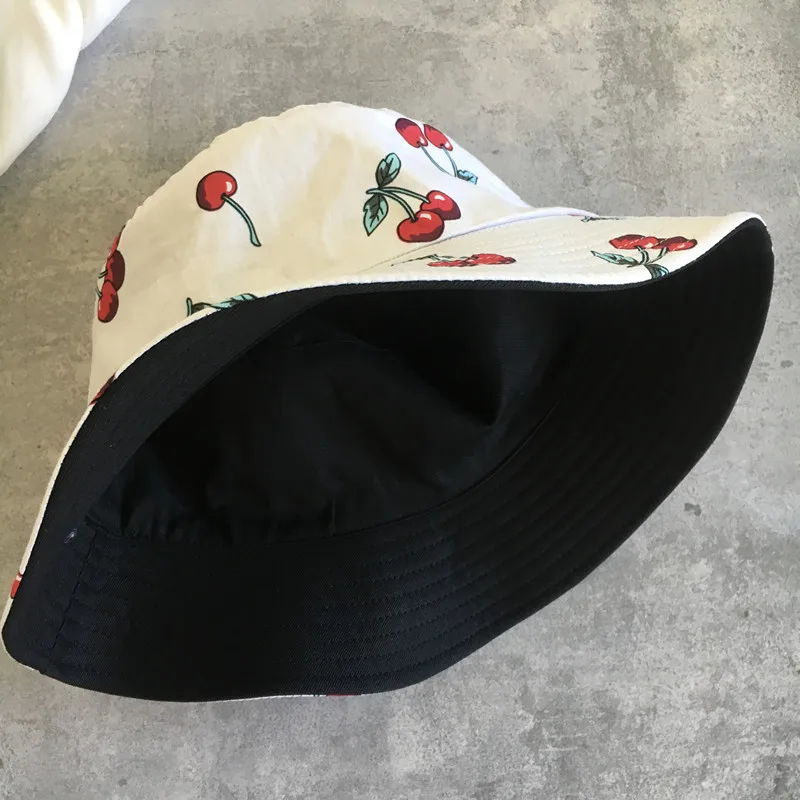 

2020 Cotton Cherry Print Bucket Hat Fisherman Hat Outdoor Travel Hat Sun Cap Hats for Men and Women 519