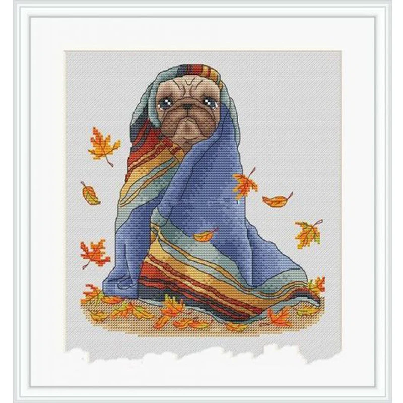 Amishop Gold Collection Counted Cross Stitch Kit Autumn Dog Puppy In Blanket Shivering, Autumn Leaves