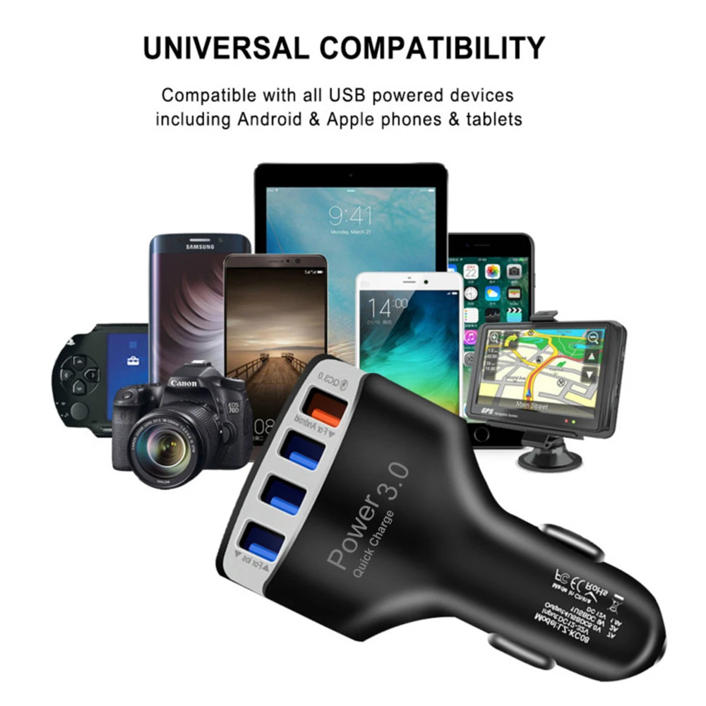 Car Charger Quick Charge 3.0 Phone Fast Charging 4 Ports USB Portable Chargers for iPhone 12 Pro Cables QC | Мобильные телефоны и