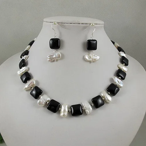 

New Fashion Terisa Pearl Jewelry Set Black Agates White Baroque Genuine Freshwater Pearl Necklace Earrings Charming Women Gift