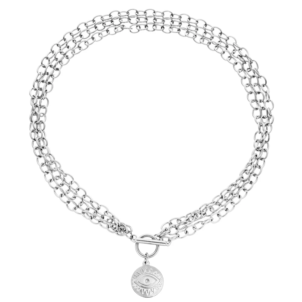 

Stainless Steel Multilayers Chunky Chain OT Buckle Face Evil Eye Pendant Necklace For Women Toggle Choker Hip Hop Jewelry
