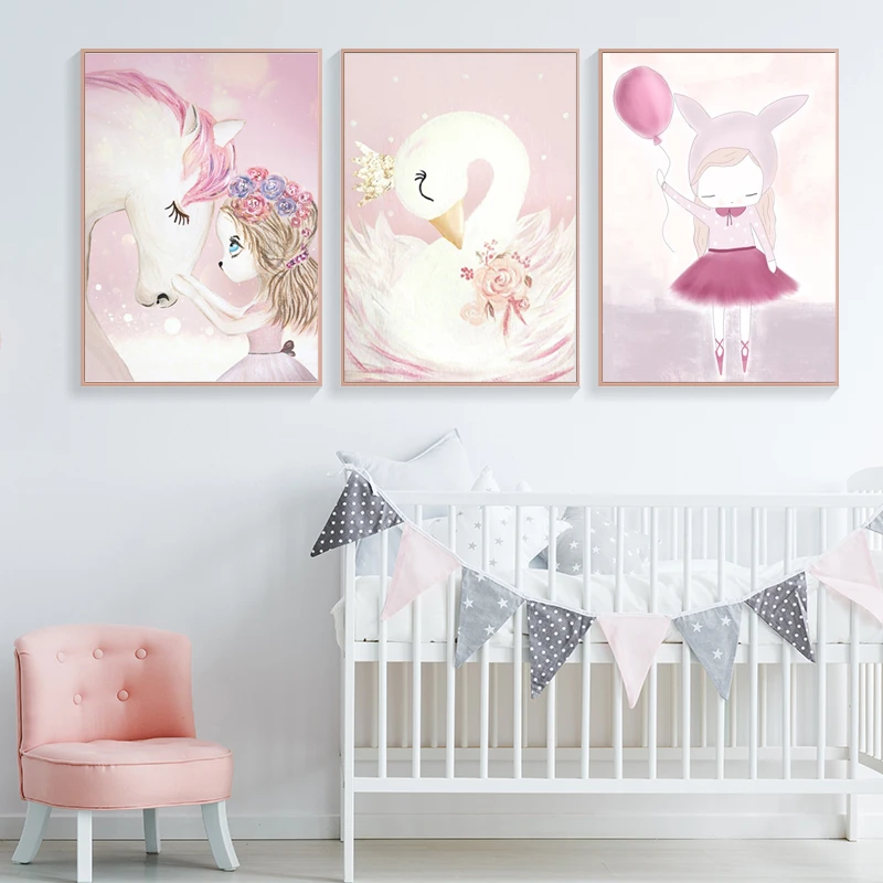

Nordic Spray Color Unicorn Canvas Painting Wall Poster Rabbit Girls Cartoon Flower Animal Wall Picture Decoration for Kid's Room